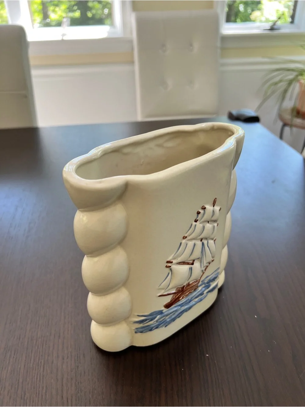Abingdon Clipper Ship Pottery Vase with Sailboat - White with Blue Nautical